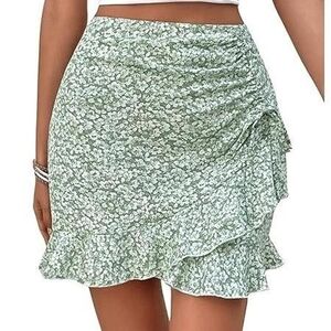 Floerns Women's Floral Print Drawstring Ruched Asymmetrical Ruffle Hem Mini Skir